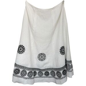 Vintage Y2K Linen Boho Medallion Embroidered Skirt Size 12 P Black White